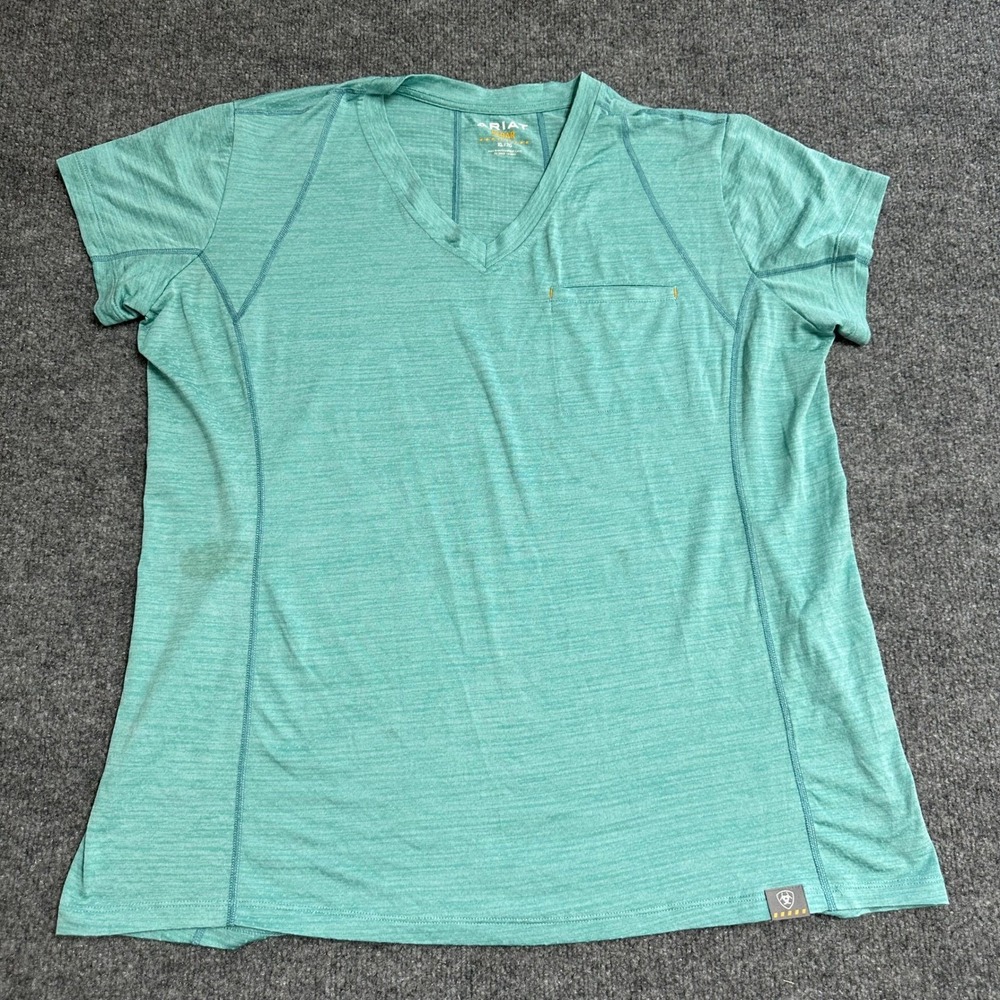 Ariat T-Shirt Womens Size XL Teal Green Rebar V-Neck Pocket Performance Work Top